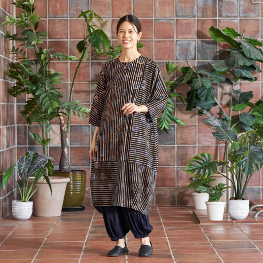 Dot Stripe Print Front-Open Dress