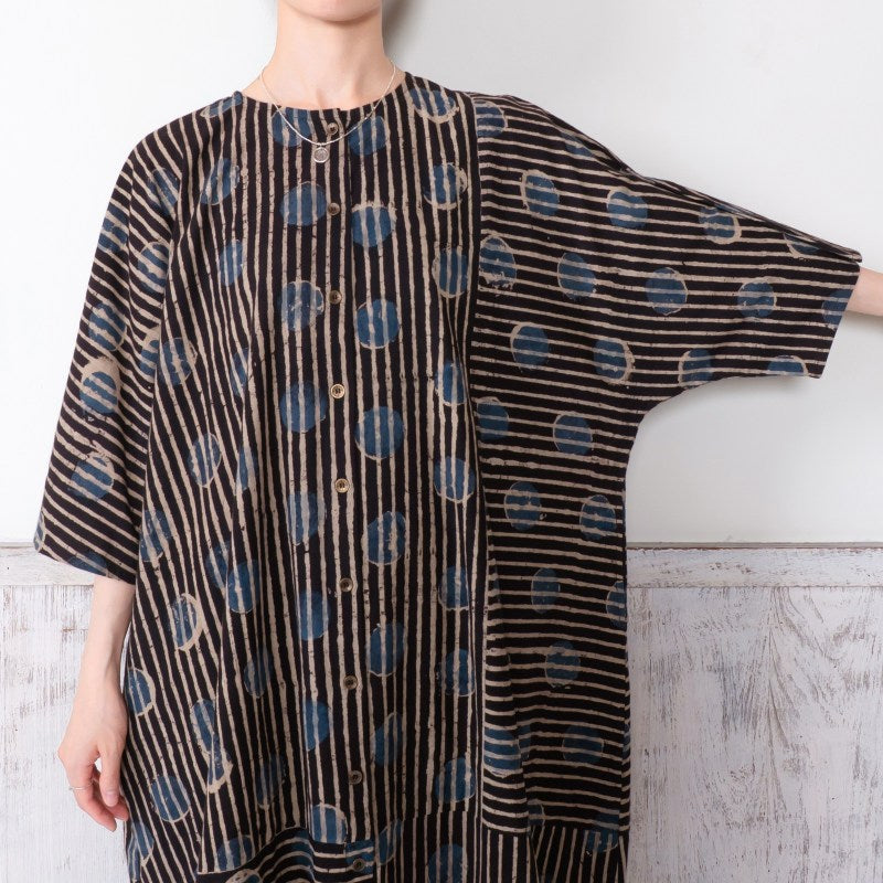 Dot Stripe Print Front-Open Dress