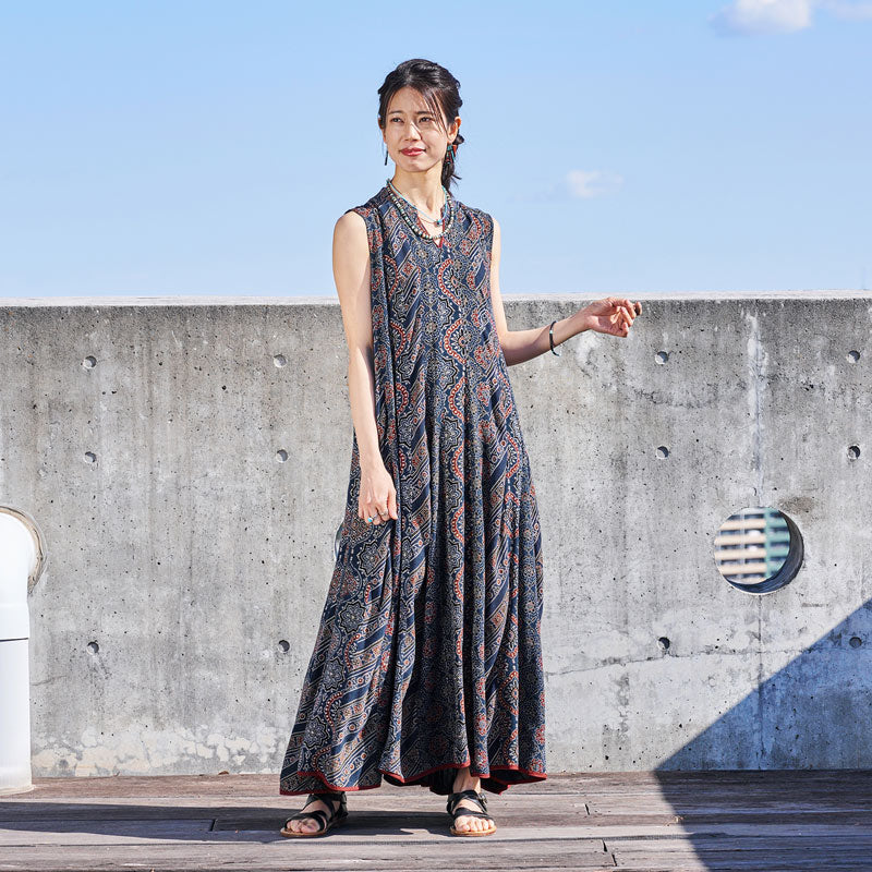Rayon Ajrakh Vertical Seam Dress
