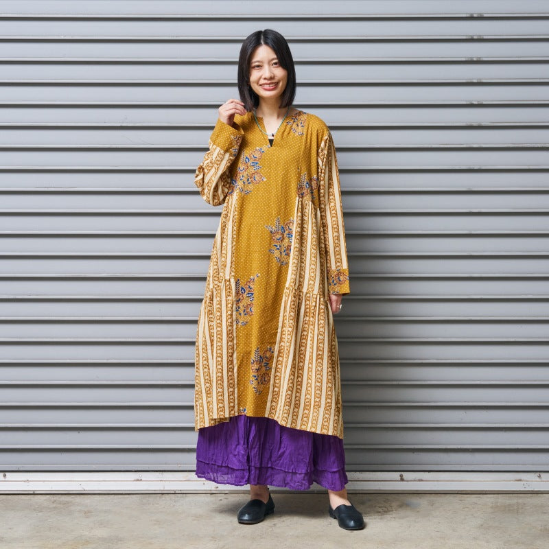 Cotton Flower × Stripe Print Tiered Dress