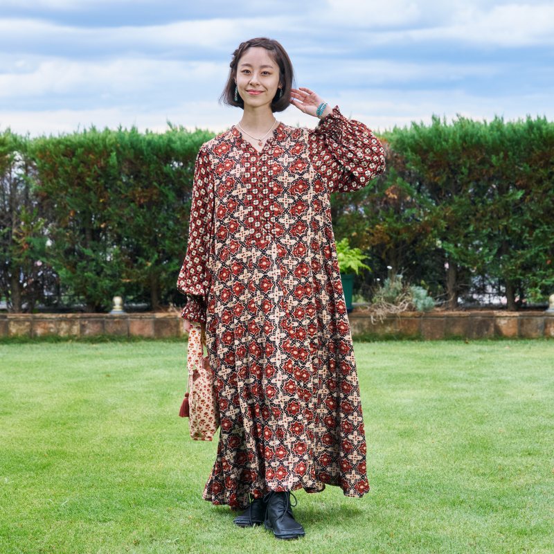 Rayon Geometric Block Print Long Dress