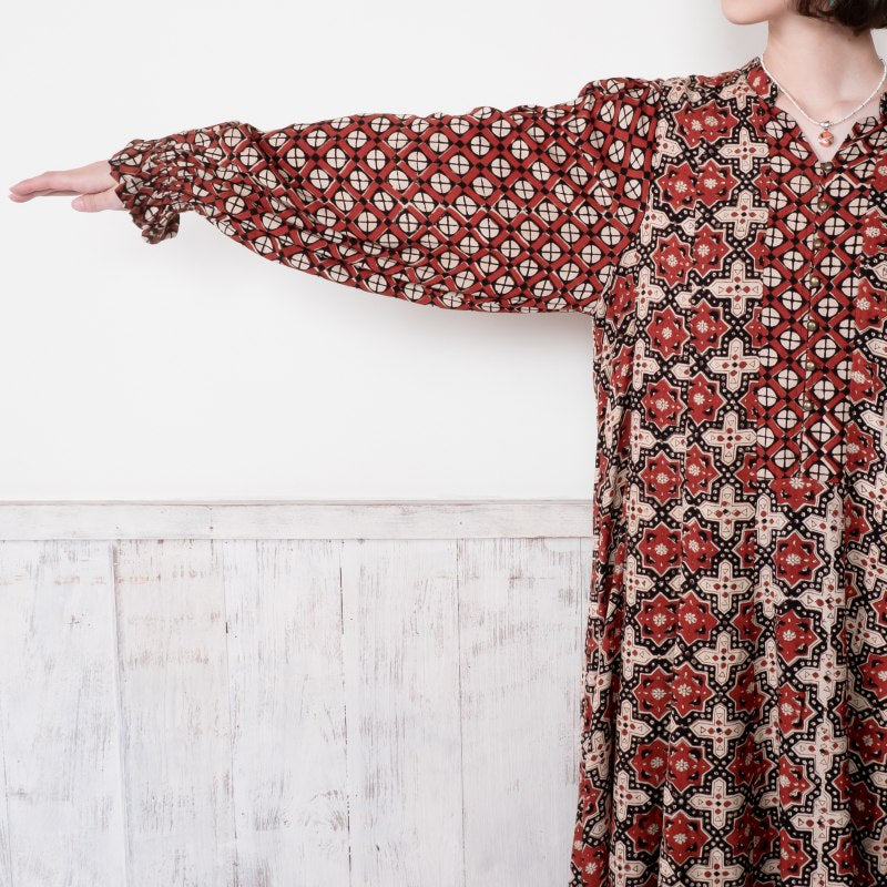 Rayon Geometric Block Print Long Dress