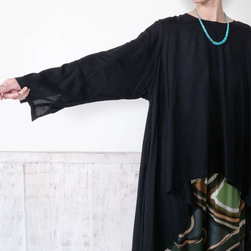Rayon Irregular Hem Slit Cuff Pullover