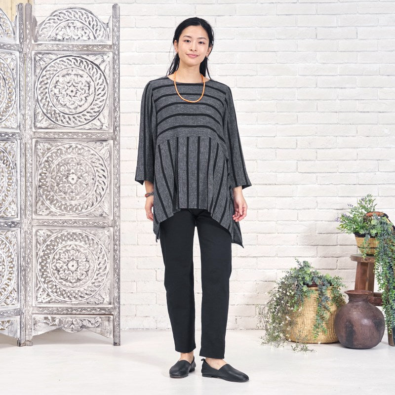 Striped Woven Irregular Hem Pullover N