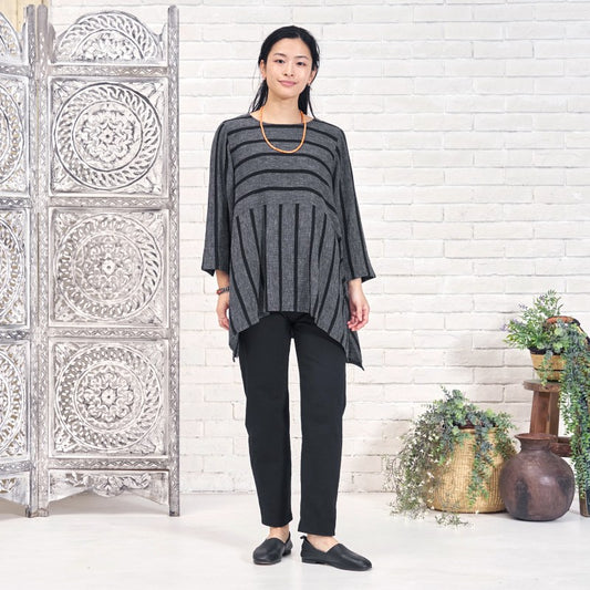 Striped Woven Irregular Hem Pullover N