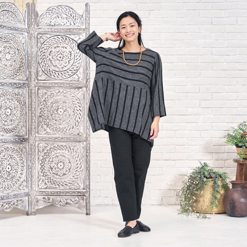 Striped Woven Irregular Hem Pullover N