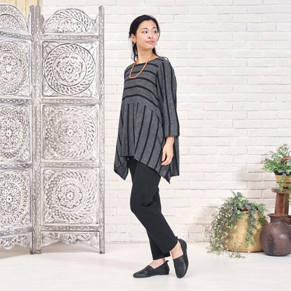 Striped Woven Irregular Hem Pullover N