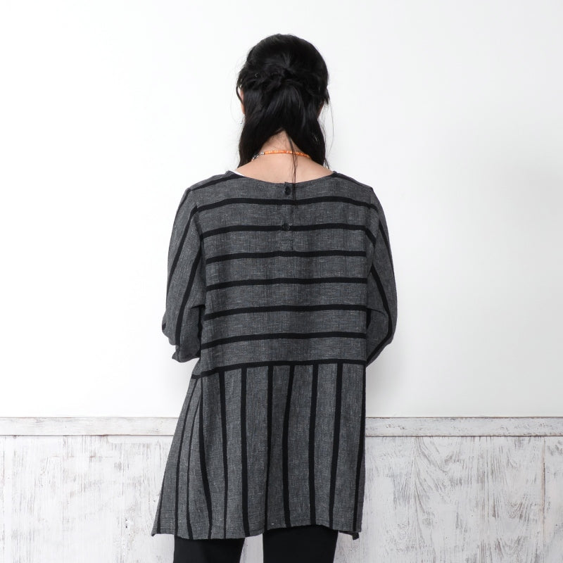 Striped Woven Irregular Hem Pullover N