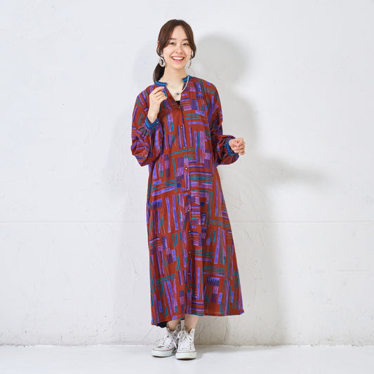 Cotton Line Print Front Open Dress