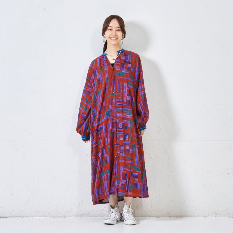 Cotton Line Print Front Open Dress
