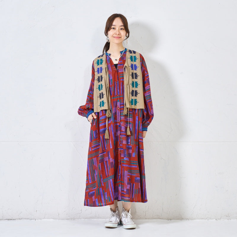 Cotton Line Print Front Open Dress