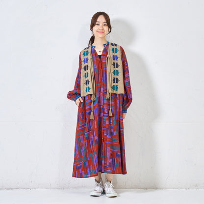Cotton Line Print Front Open Dress
