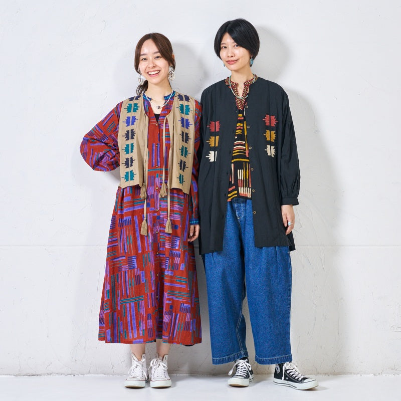 Cotton Line Print Front Open Dress