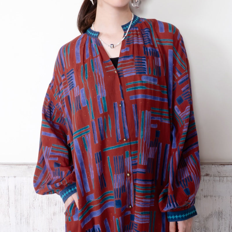 Cotton Line Print Front Open Dress