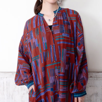 Cotton Line Print Front Open Dress