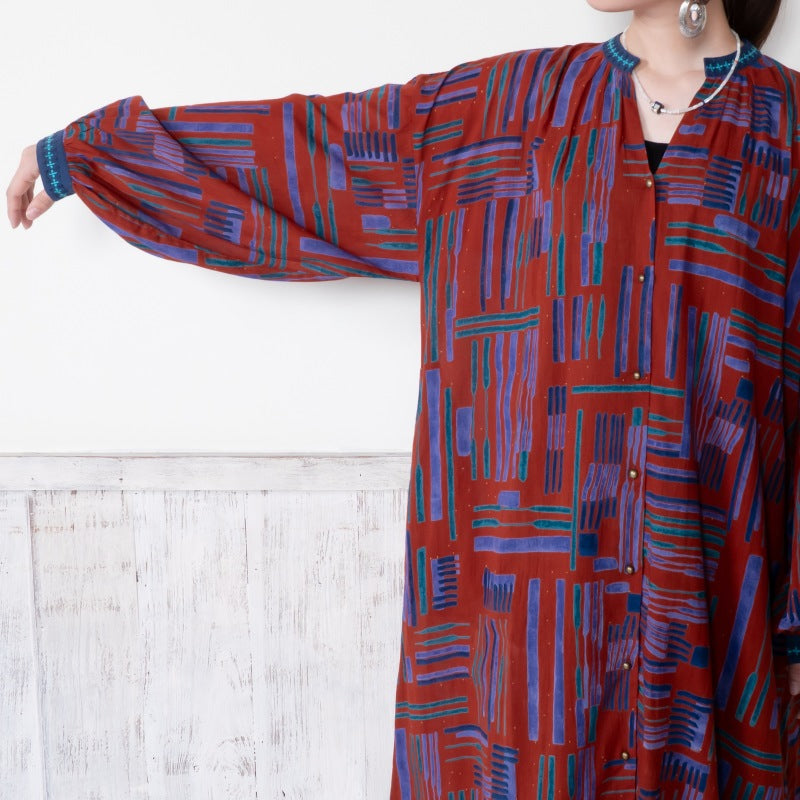 Cotton Line Print Front Open Dress