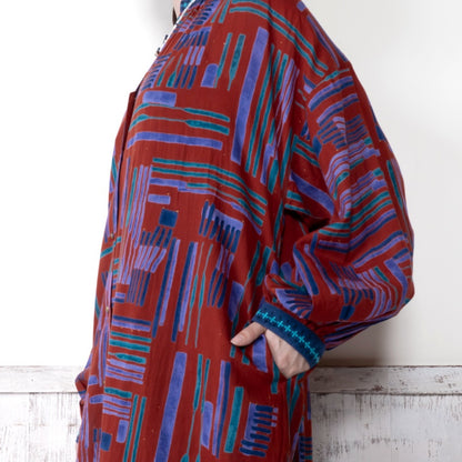 Cotton Line Print Front Open Dress