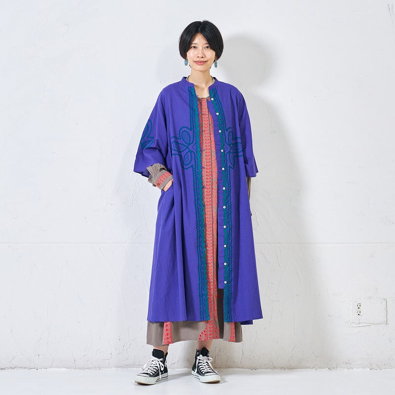 Cotton Cord Embroidered Open-Front Dress