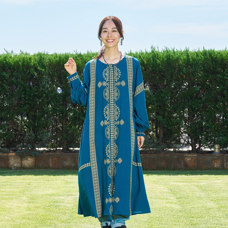 Rayon Oriental Print Front Open Dress