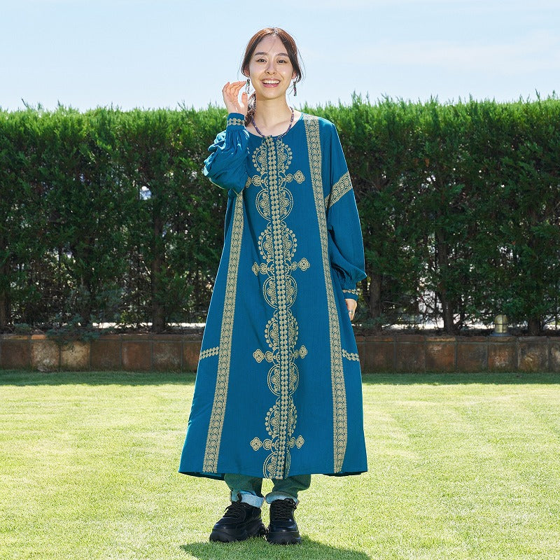 Rayon Oriental Print Front Open Dress
