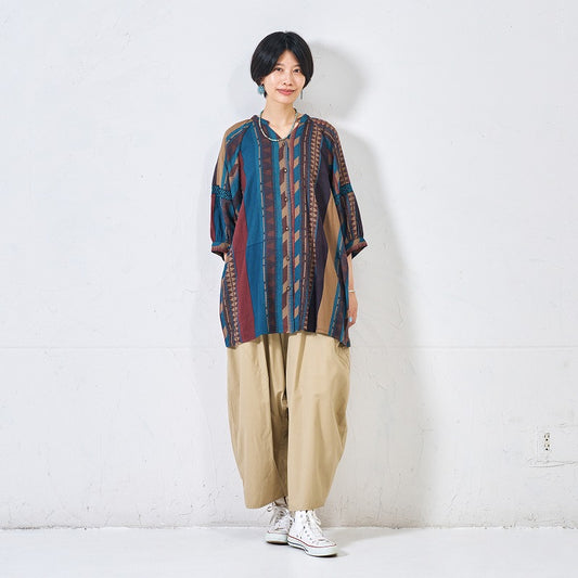 Cotton Stripe Print Embroidery Blouse