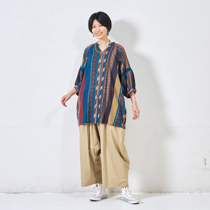 Cotton Stripe Print Embroidery Blouse