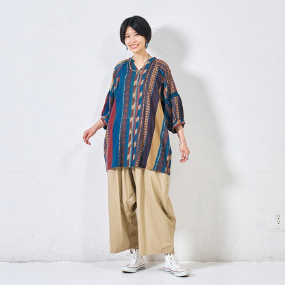 Cotton Stripe Print Embroidery Blouse
