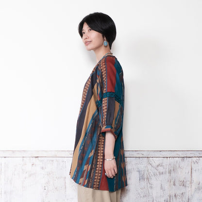 Cotton Stripe Print Embroidery Blouse
