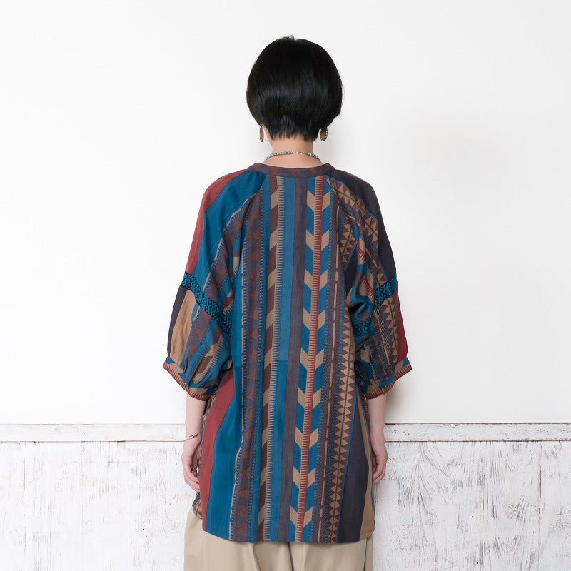 Cotton Stripe Print Embroidery Blouse