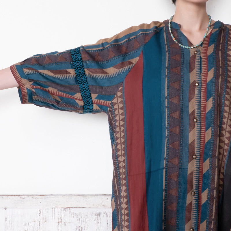Cotton Stripe Print Embroidery Blouse