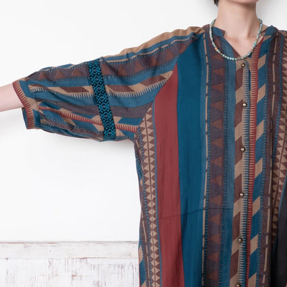 Cotton Stripe Print Embroidery Blouse