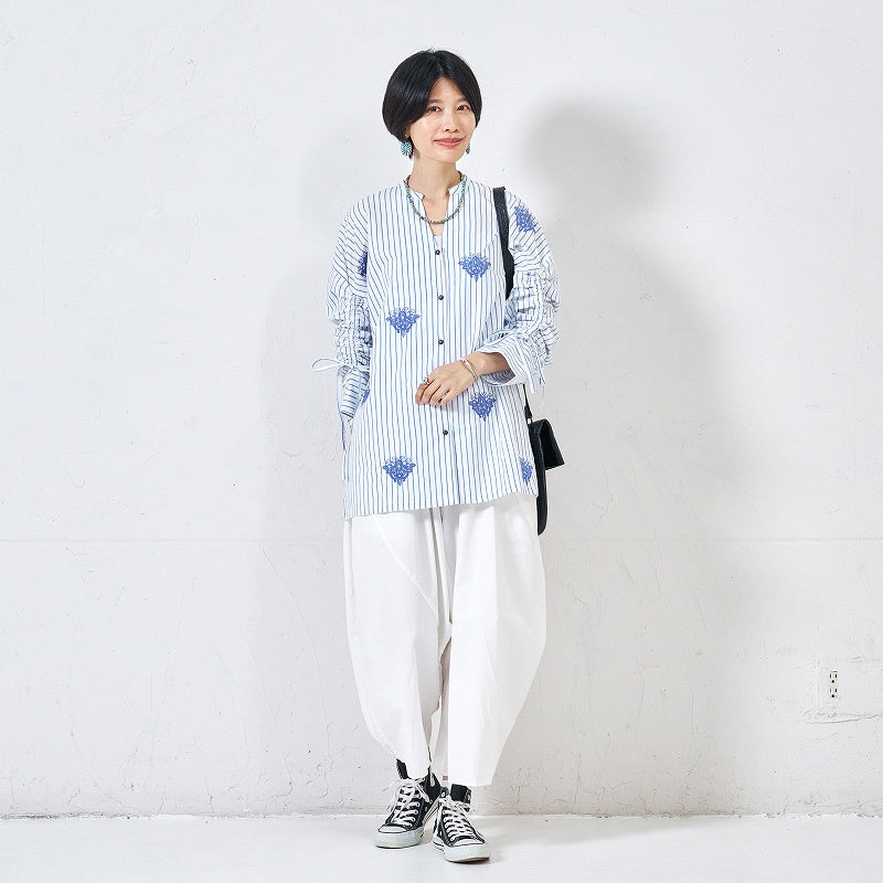 Cotton Stripe Flower Point Embroidery Blouse