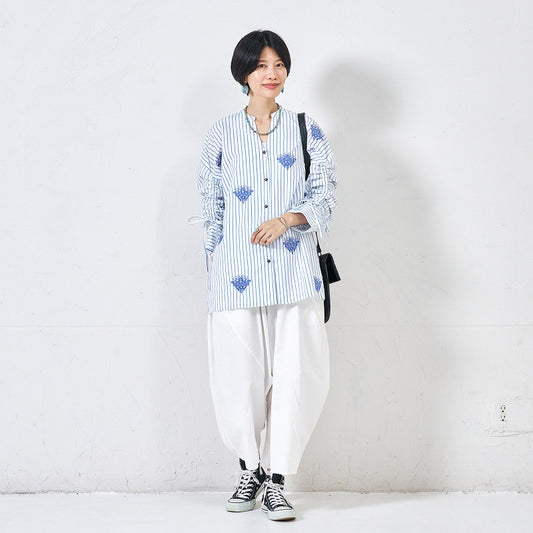 Cotton Stripe Flower Point Embroidery Blouse