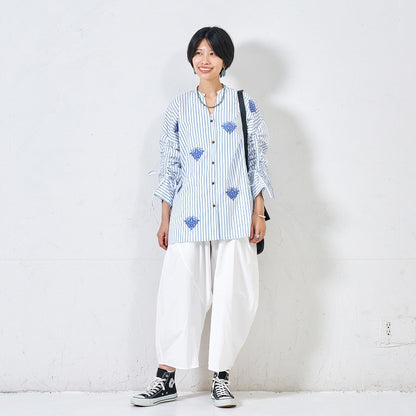 Cotton Stripe Flower Point Embroidery Blouse