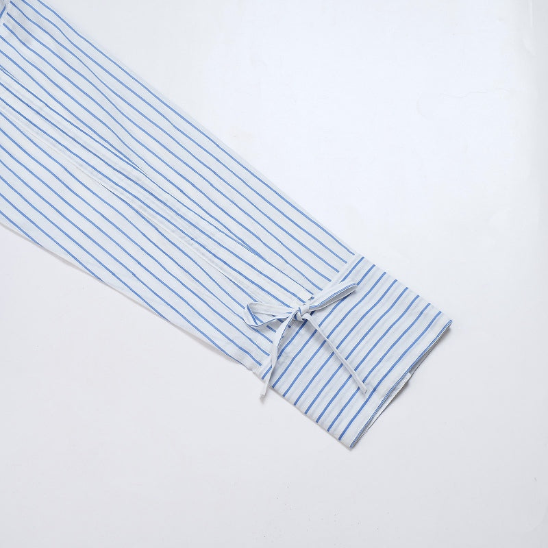 Cotton Stripe Flower Point Embroidery Blouse