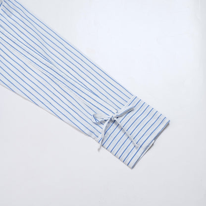 Cotton Stripe Flower Point Embroidery Blouse