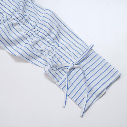 Cotton Stripe Flower Point Embroidery Blouse