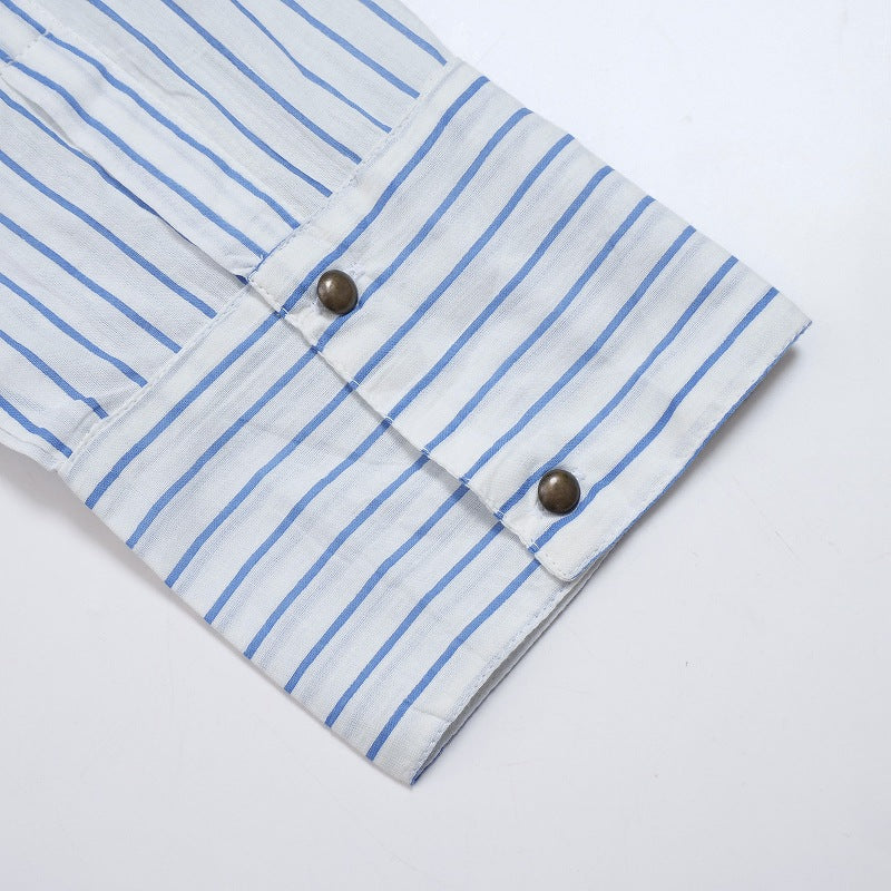 Cotton Stripe Flower Point Embroidery Blouse