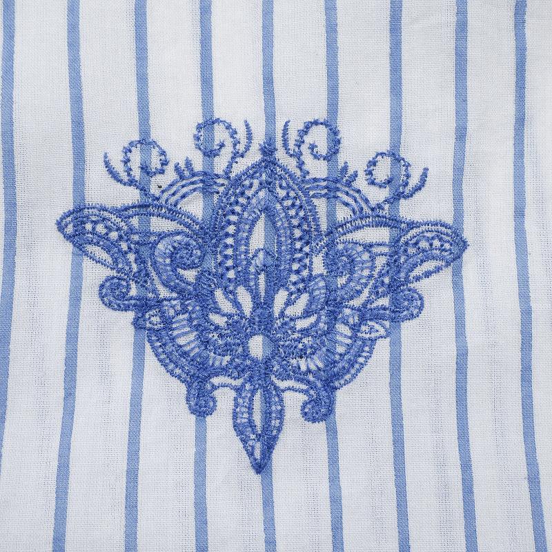 Cotton Stripe Flower Point Embroidery Blouse