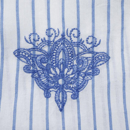 Cotton Stripe Flower Point Embroidery Blouse