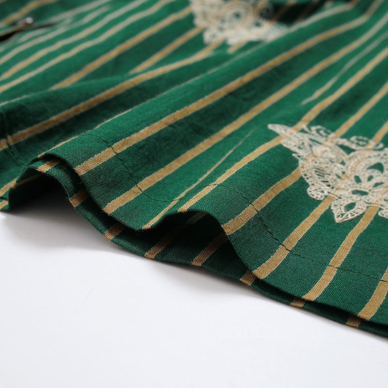 Cotton Stripe Flower Point Embroidery Blouse