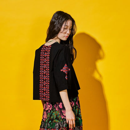 Cotton Geometric & Flower Embroidery Blouse