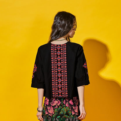 Cotton Geometric & Flower Embroidery Blouse
