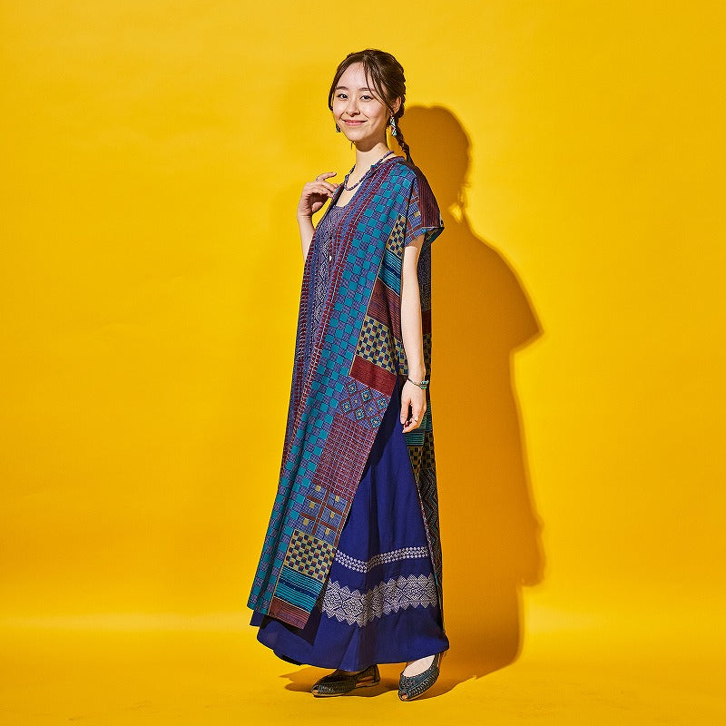 Rayon Skipper French Sleeve Long Print Open Dress