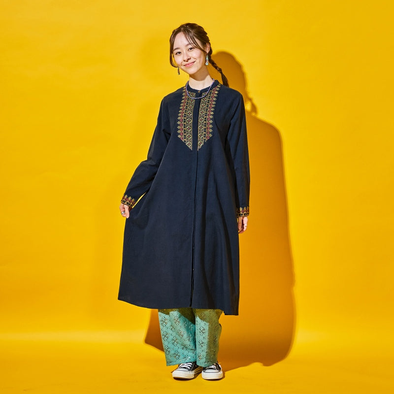 Cotton Geometric Embroidery Front-Open Dress