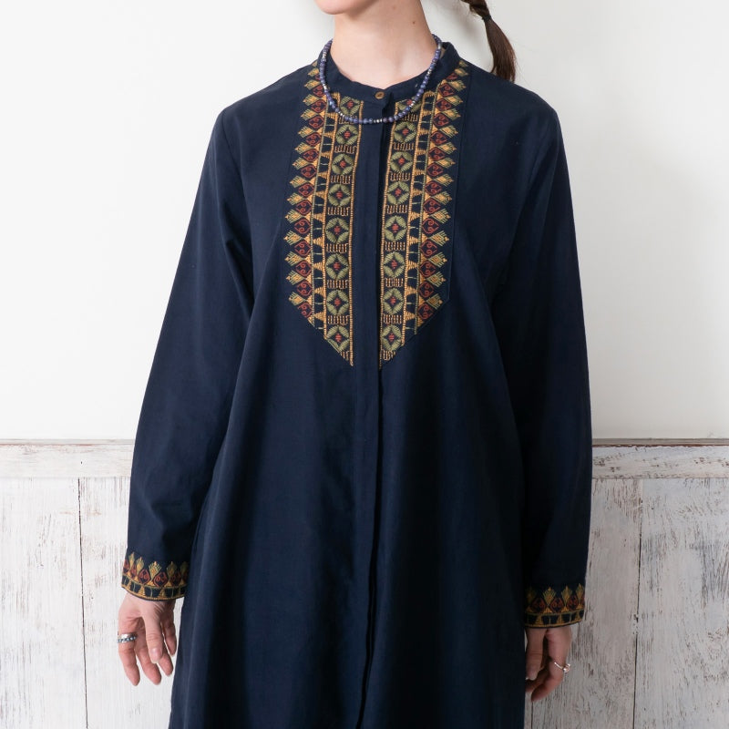 Cotton Geometric Embroidery Front-Open Dress