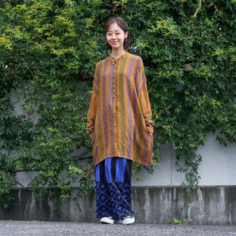 Rayon Stripe Print & Triangular Embroidery Front-Open Dress