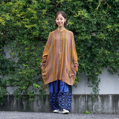 Rayon Stripe Print & Triangular Embroidery Front-Open Dress