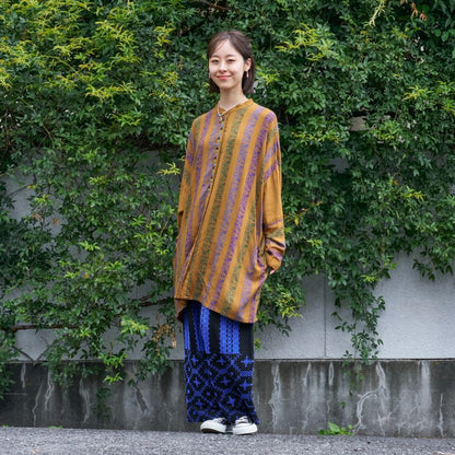 Rayon Stripe Print & Triangular Embroidery Front-Open Dress