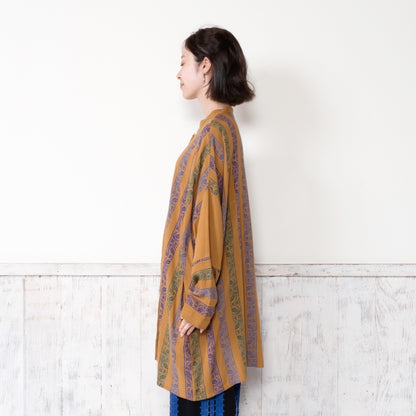 Rayon Stripe Print & Triangular Embroidery Front-Open Dress